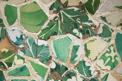 Detail of the ceramics from the Guadi bench in park Guell Barcelona, Spain