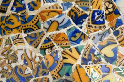 Detail of the ceramics from the Guadi bench in park Guell Barcelona, Spain