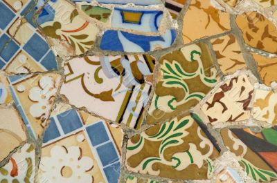 Detail of the ceramics from the Guadi bench in park Guell Barcelona, Spain