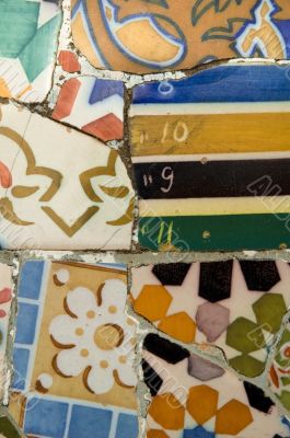 Detail of the ceramics from the Guadi bench in park Guell Barcelona, Spain