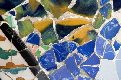 Detail of the ceramics from the Guadi bench in park Guell Barcelona, Spain