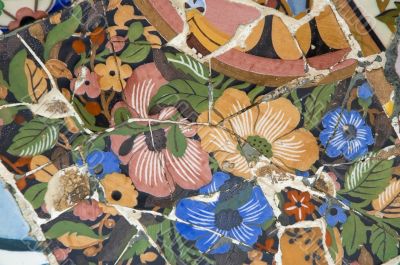 Detail of the ceramics from the Guadi bench in park Guell Barcelona, Spain