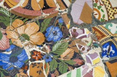 Detail of the ceramics from the Guadi bench in park Guell Barcelona, Spain