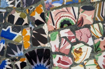 Detail of the ceramics from the Guadi bench in park Guell Barcelona, Spain