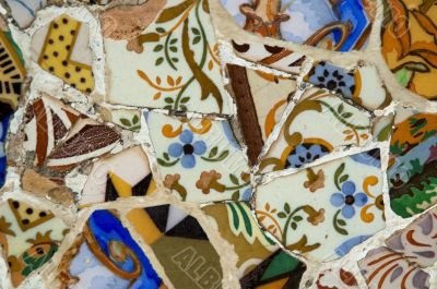 Detail of the ceramics from the Guadi bench in park Guell Barcelona, Spain