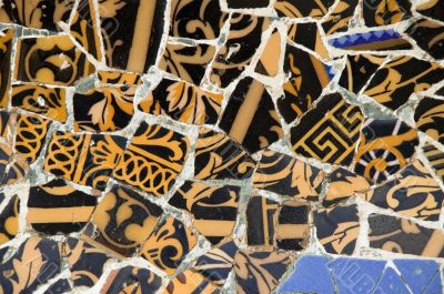 Detail of the ceramics from the Guadi bench in park Guell Barcelona, Spain
