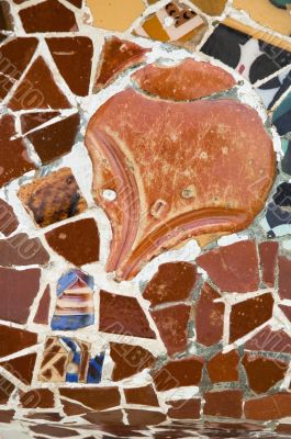 Detail of the ceramics from the Guadi bench in park Guell Barcelona, Spain