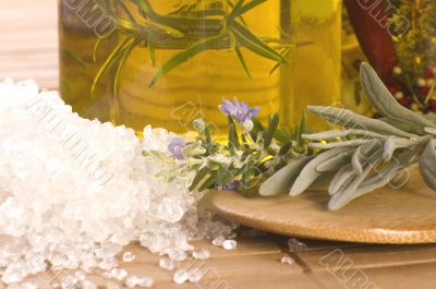 herbs and spices. rosemary, lavender, salt and olive