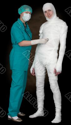 Man in bandage and nurse with stethoscope