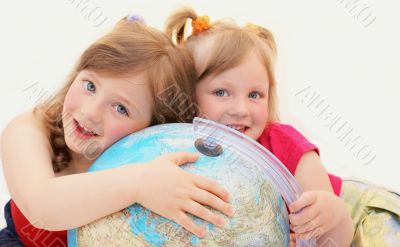 Happy, girls,kids,Siblings, globe.