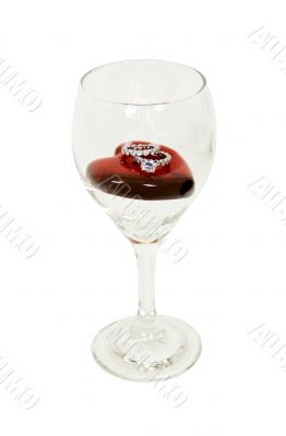 Wine Glass with red heart and diamond engagement ring