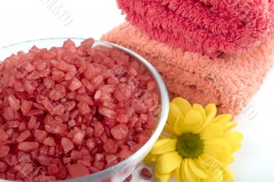 bath salt, towels and flower