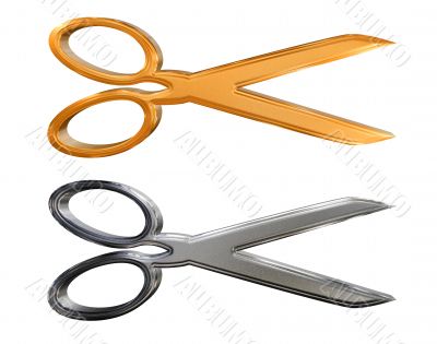 Golden pattern and chrome silver scissors isolated over white background
