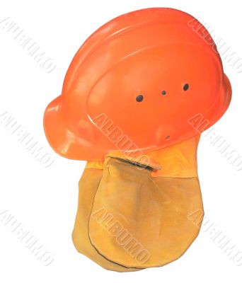 Orange construction helmet with glove mittens isolated on white background