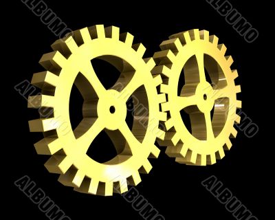 two golden gears in gold - 3D made