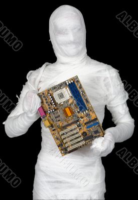Man of bandaged with motherboard