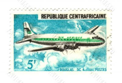 central african stamp with airplane 5F