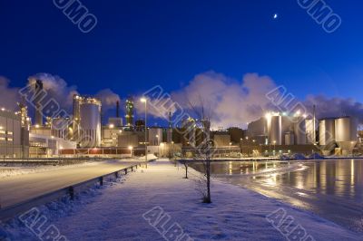 Paper Mill in Winter Night