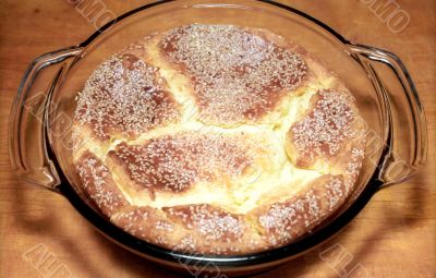 Cheese pie in glass baking dish