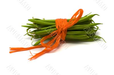 Green pods tied up orange ribbon