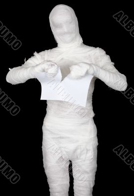 Mummy tear in pieces sheet of paper