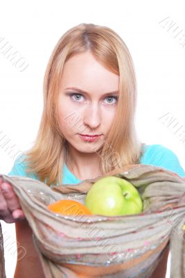 The girl  gives fruit