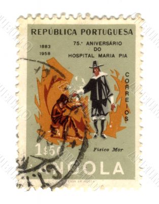 Old stamp from Angola with hospital Maria Pia