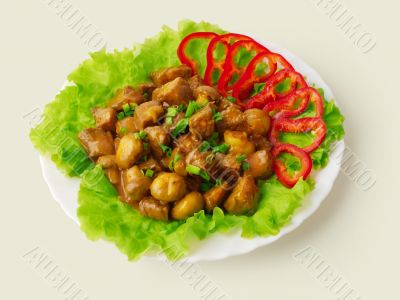 Stewed meat with mushrooms and onion decorated...