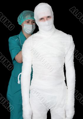 Man in bandage and nurse