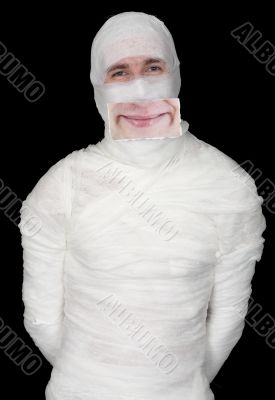 Guy in bandage with a false smile