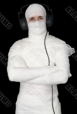 Man in bandage with ear-phones