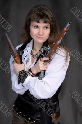 Girl - pirate with two ancient pistols in hands