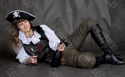 Drunken girl - pirate with pistol and bottle