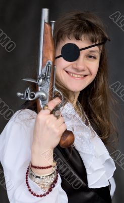 Girl - pirate with pistol in hand and eye patch