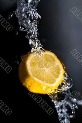 The slice of fresh lemon with water drops