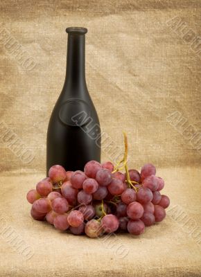 Dark bottle and red grapes bunch