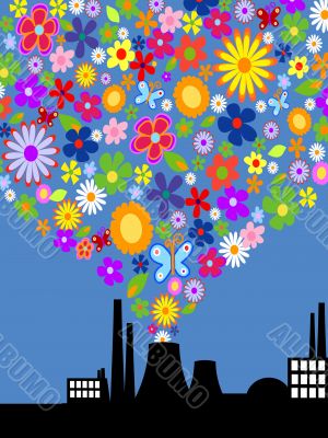 Factory with colorful flower smoke Factory with colorful flower smoke