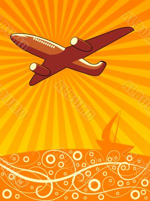 Air plane flying over the sea