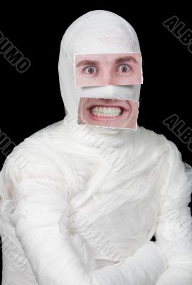 Bandaged man with false paper face