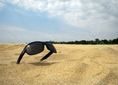 Sun glasses on a gold dust against the blue sky