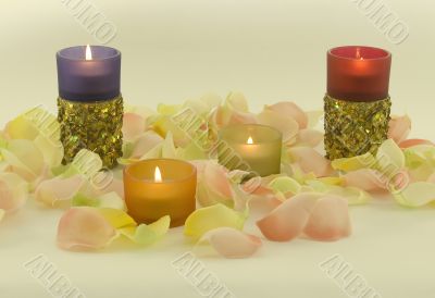 Color candles and with aromatic rose leave