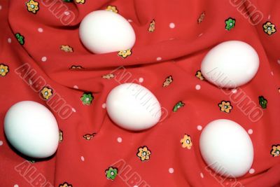White eggs on the red textile