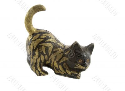 Bronze statuette of fun cat isolated over white