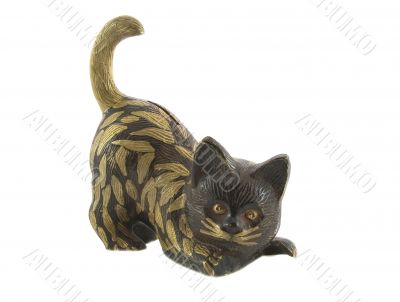 Bronze statuette of fun cat isolated over white