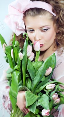 girl beautiful tulips pink