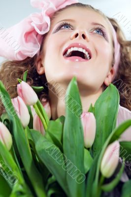 girl beautiful tulips pink flowers