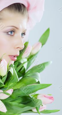 girl beautiful tulips pink flowers