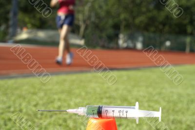 Runner with syringe in foreground