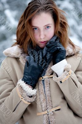 Winter landscape woman looking at you