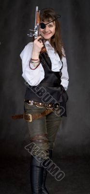 Girl - pirate with pistol in hand and eye patch